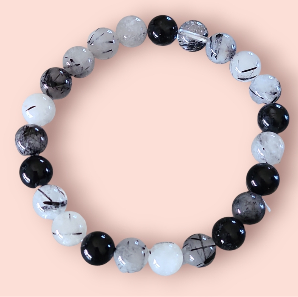 Rutilated Quartz Gemstone Bracelet Black/White